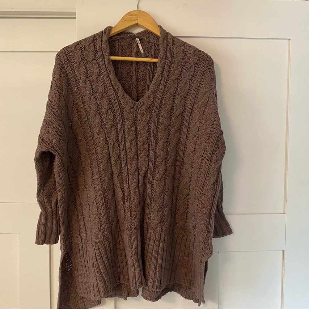 Free People Cable-Knit V-Neck Sweater - Brown